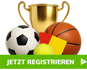 Goldener Pokal mit Fußball Basketball Tennisball und roten Karten darunter Jetzt registrieren Button