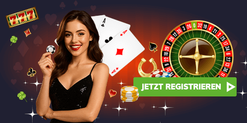 Frau mit Pokerchip vor Roulette Karten und goldenen Symbolen mit Jetzt registrieren Button