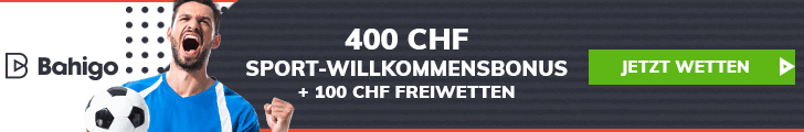Jubelnder Mann mit Fußball neben Bahigo Logo 400 CHF Sportbonus 100 CHF Freiwetten und grünem Jetzt Wetten Button